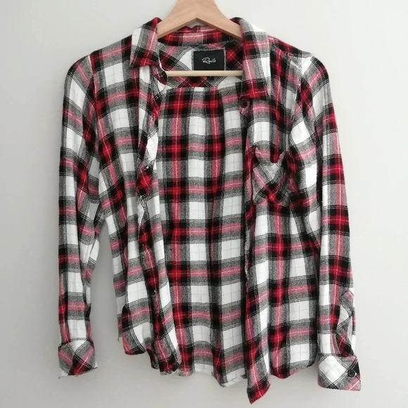 Rails Hunter Plaid Button Up Black White Red Brushed Rayon Small (XS/S) - Picture 3 of 15